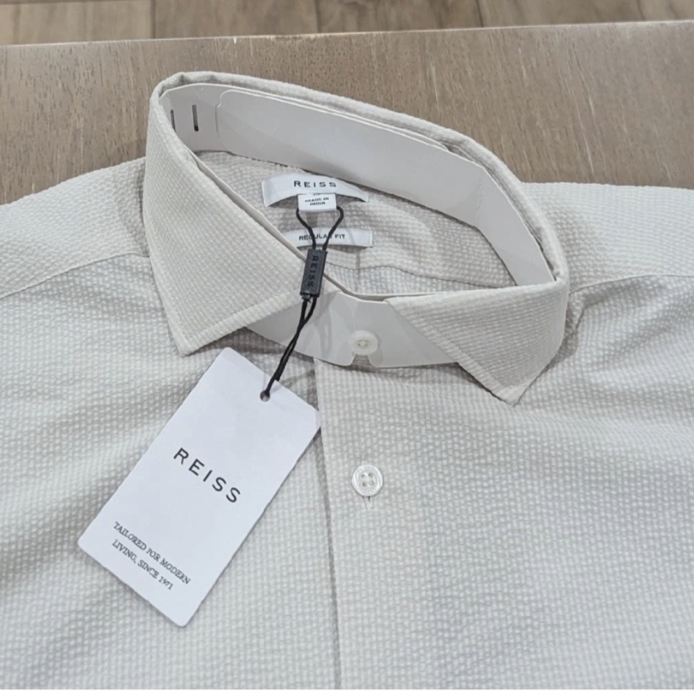 $210 Mens REISS "Spring" Seersucker LS Button Up Shirt Stone Medium - Picture 2 of 5